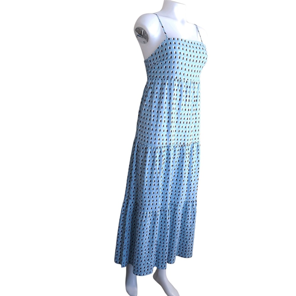 Monteau Maxi Ruffle Dress Blue M Sleeveless Summer Geometric Rectangle Print